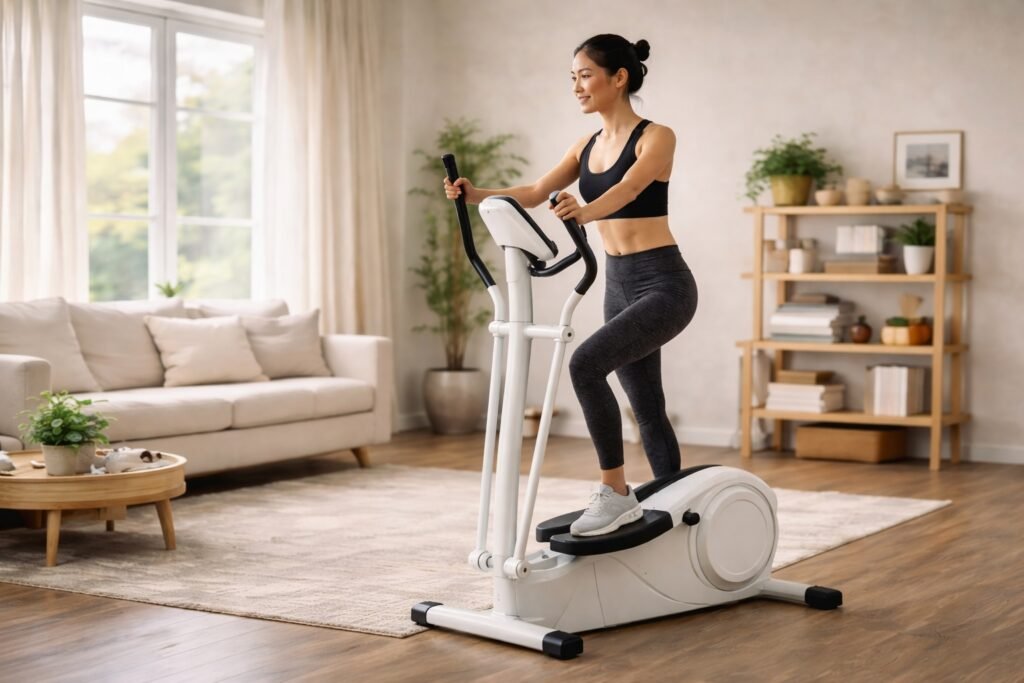 Moteris sportuoja su elipsiniu treniruokliu namuose