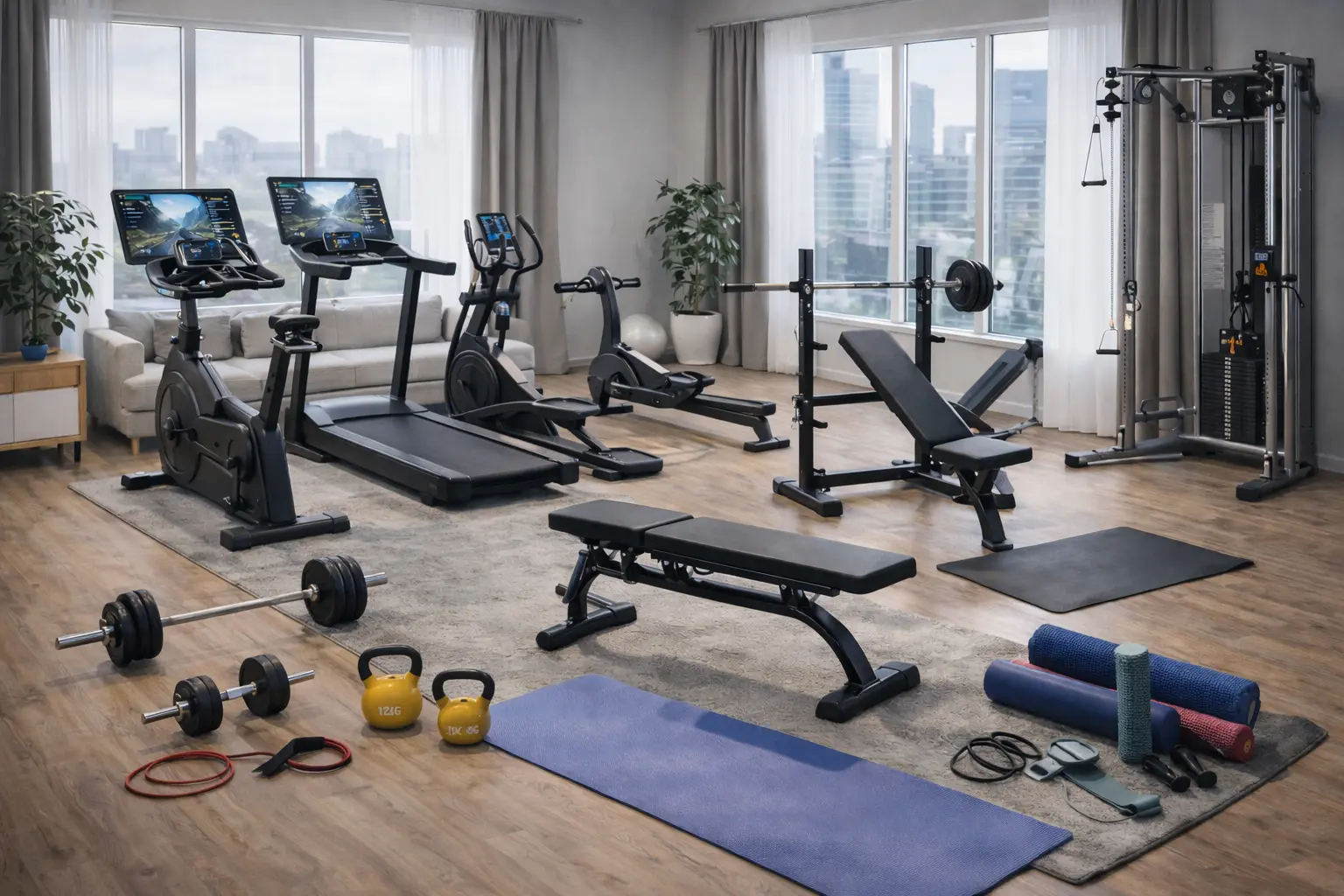 sportiniai treniruokliai namams – bėgimo takeliai, elipsiniai treniruokliai, irklavimo ir jėgos treniruokliai bei joga ir pilates įranga