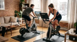 Vyras ir moteris sportuoja ant stacionarių dviračių namuose