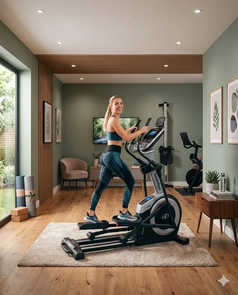 moteris treniruojasi su elipsiniu treniruokliu namuose