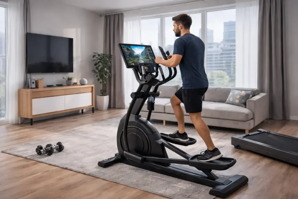 vyras sportuoja su elipsiniu treniruokliu namuose