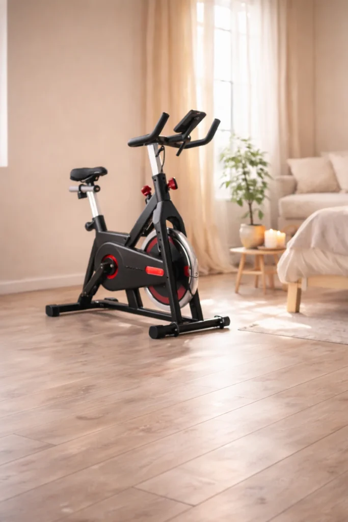 Dviratis treniruoklis šviesioje namų treniruočių erdvėje su moderniu interjeru