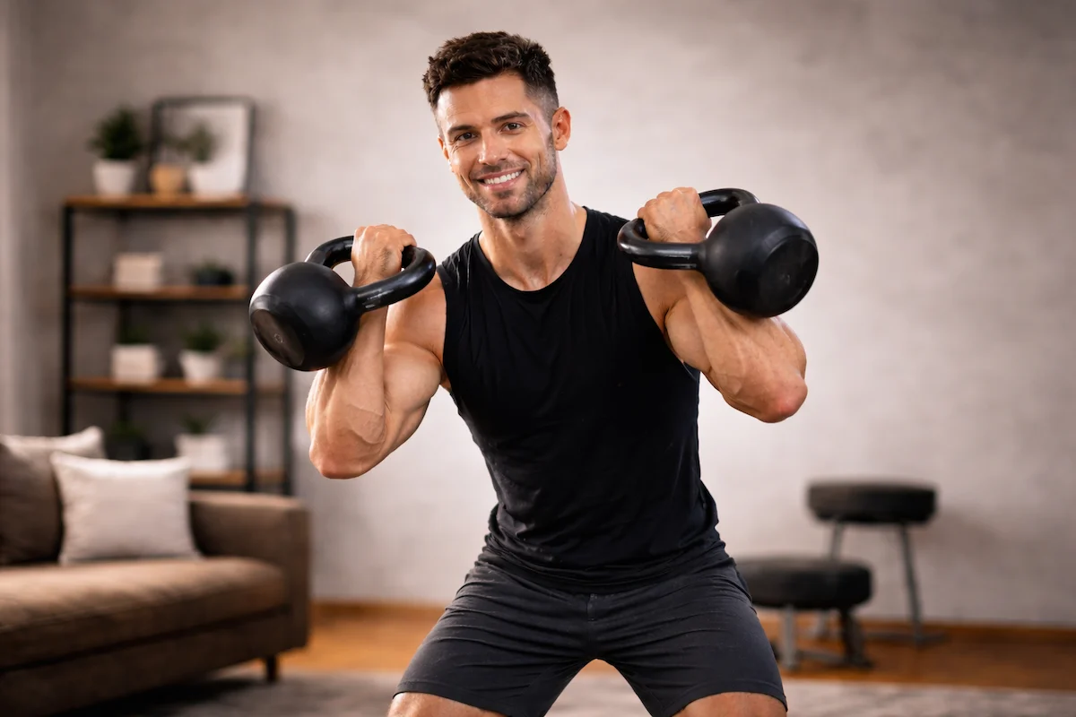 vyras sportuoja namuose su giromis atlikdamas jėgos pratimą