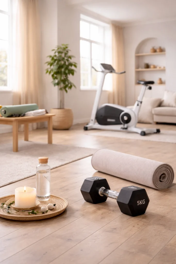 Namų sporto erdvė su hanteliais, jogos kilimėliu ir dviračiu treniruokliu