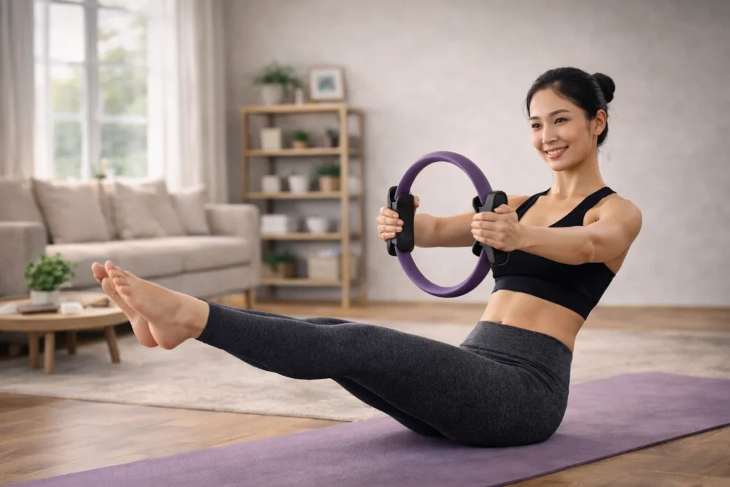 moteris daro pilates pratimą su pilates žiedu namuose